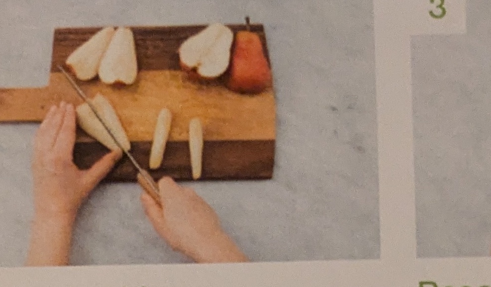 Step: Slice mushrooms. Quarter pear, remove core, and...