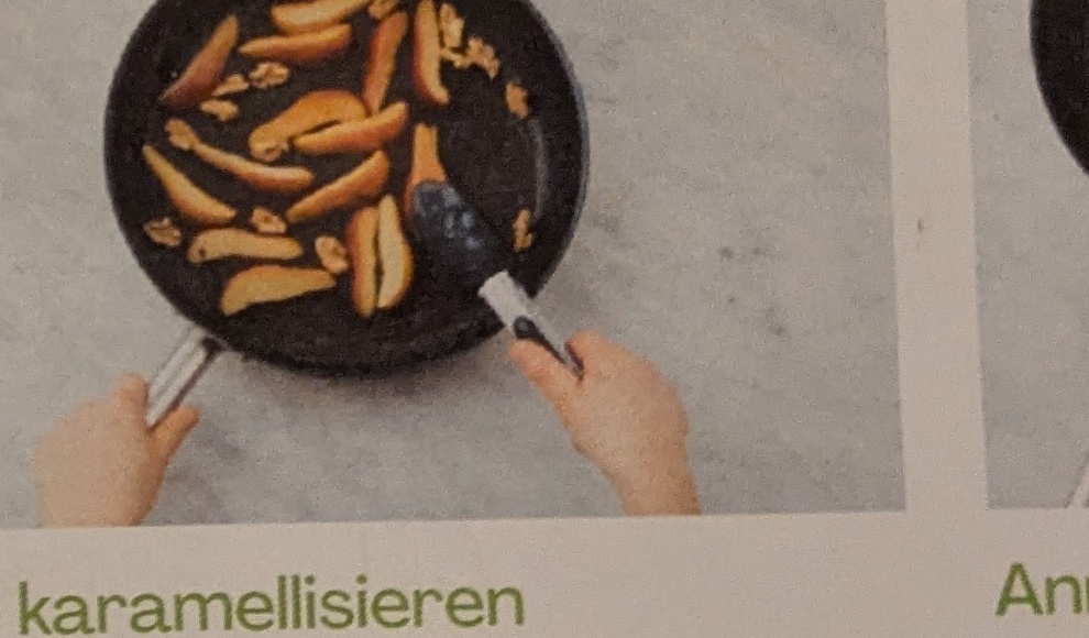 Step: Wipe pan with kitchen paper, then add pear slices...